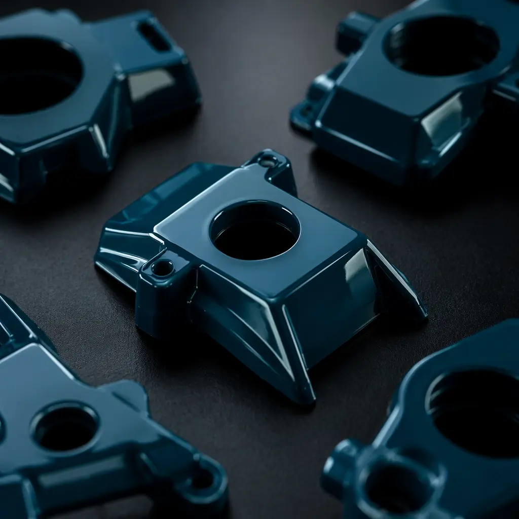 ABS 3D printed parts with glossy acetone vapor smoothed finish on dark surface, showing the injection-molded surface quality unique to ABS, studio macro photography