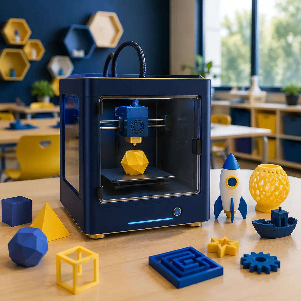 Compact 3D printer on classroom desk with colorful student prints displayed nearby, educational setting