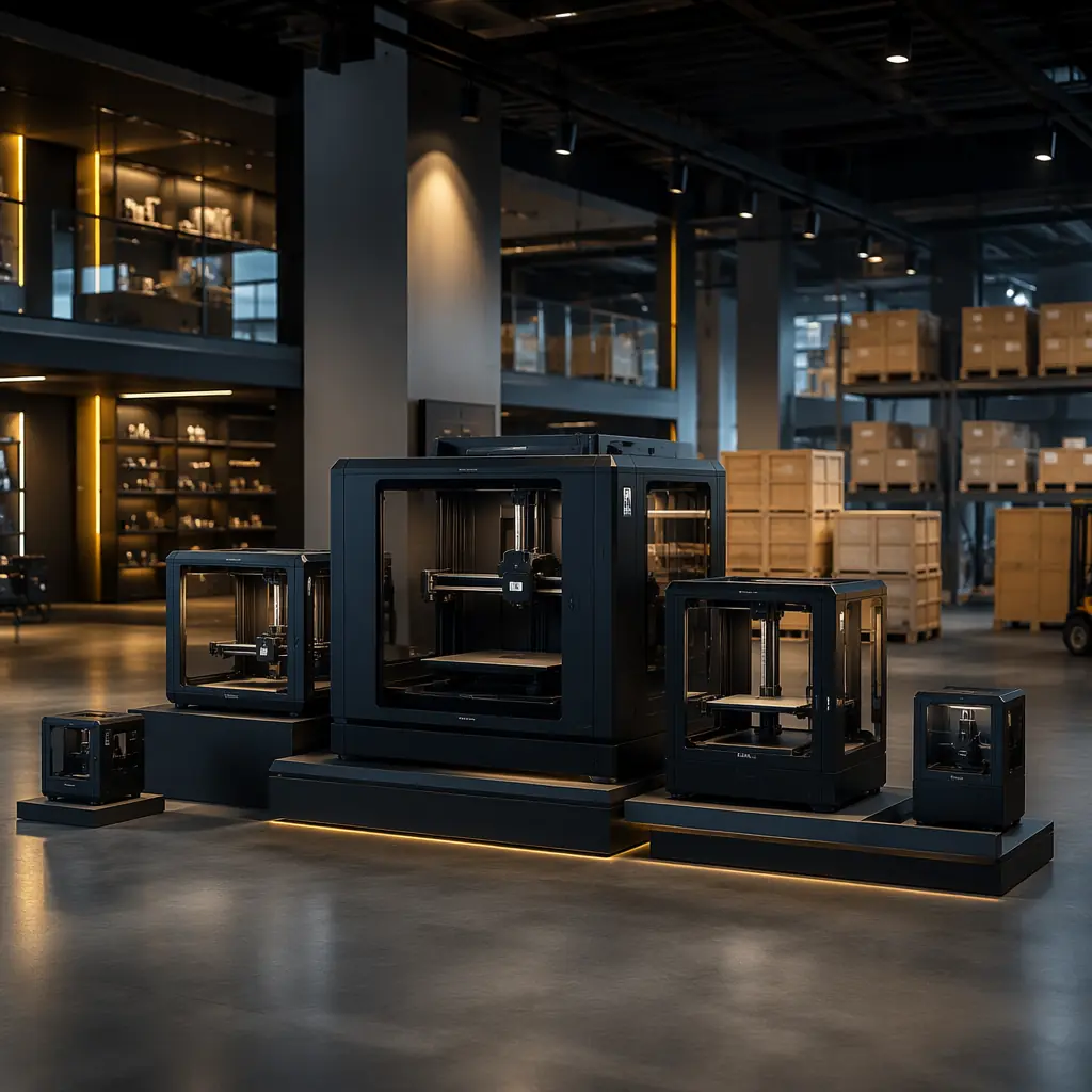 3D printers of varying sizes arranged in a modern warehouse showroom, pallets and shipping crates in background, professional industrial lighting with dark blue ambient tones