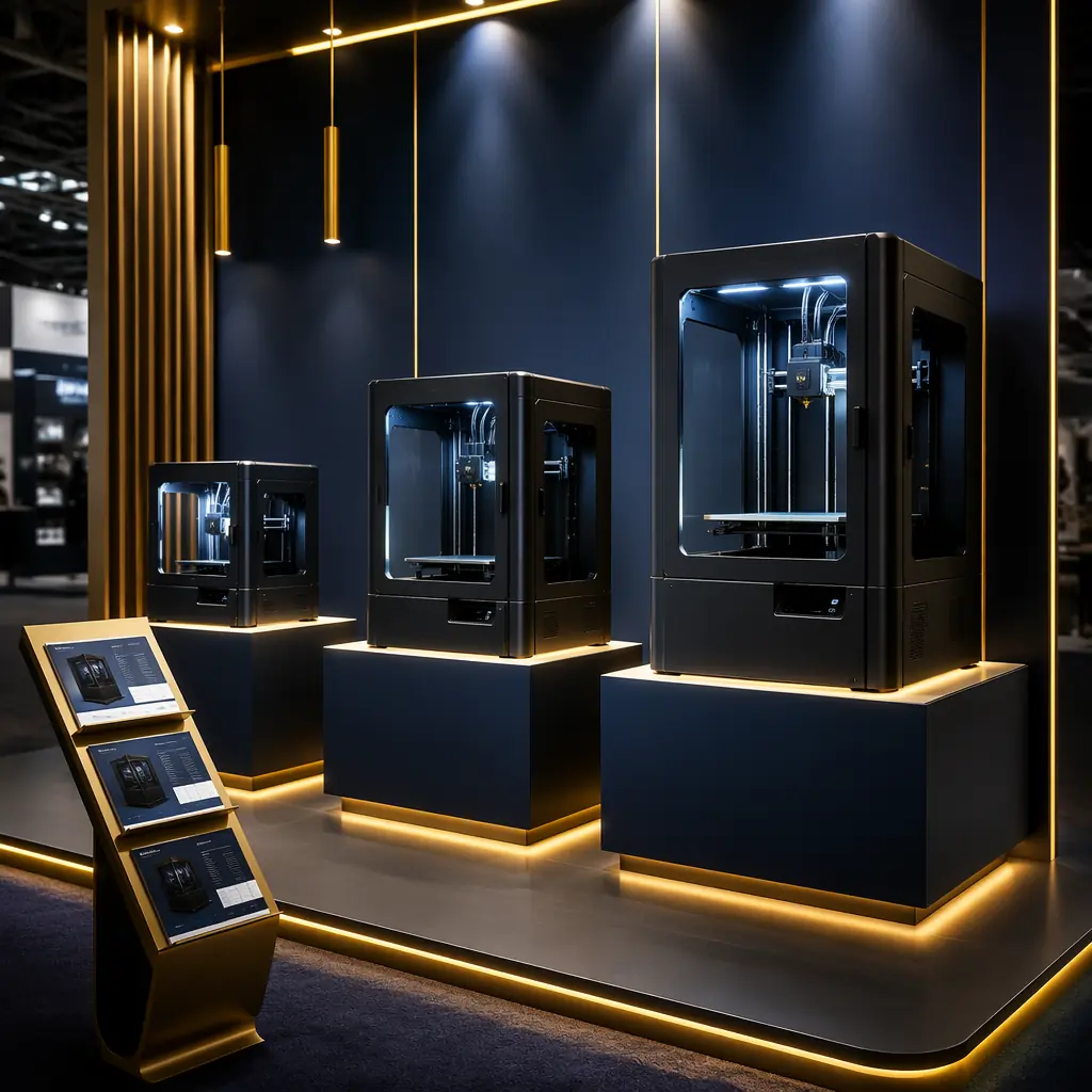 Three 3D printers of different build volumes displayed on illuminated podiums at trade show booth, product brochures visible, professional lighting