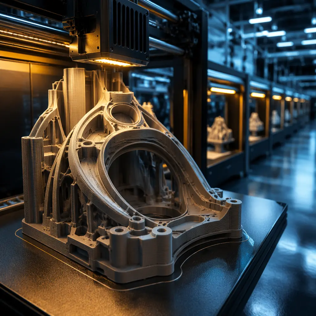 Rows of identical 3D printers in a print farm, close-up of a large detailed print on a build plate, LED-lit print chamber showing intricate layer lines