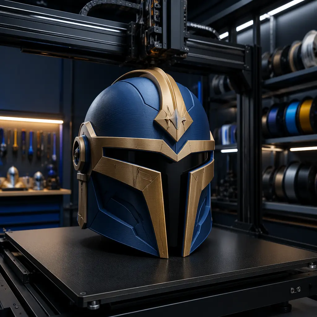 Large format 3D printer printing a full-size cosplay helmet in one piece, well-lit workshop setting with filament spools visible