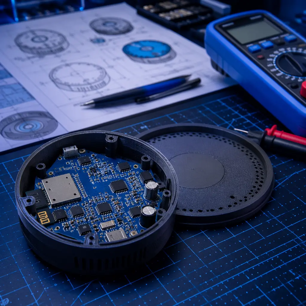 Close-up of 3D printed smart home device enclosure with PCB fitted inside on engineering workbench, digital multimeter and design sketches nearby, modern electronics lab setting with dark navy and blue tech aesthetic