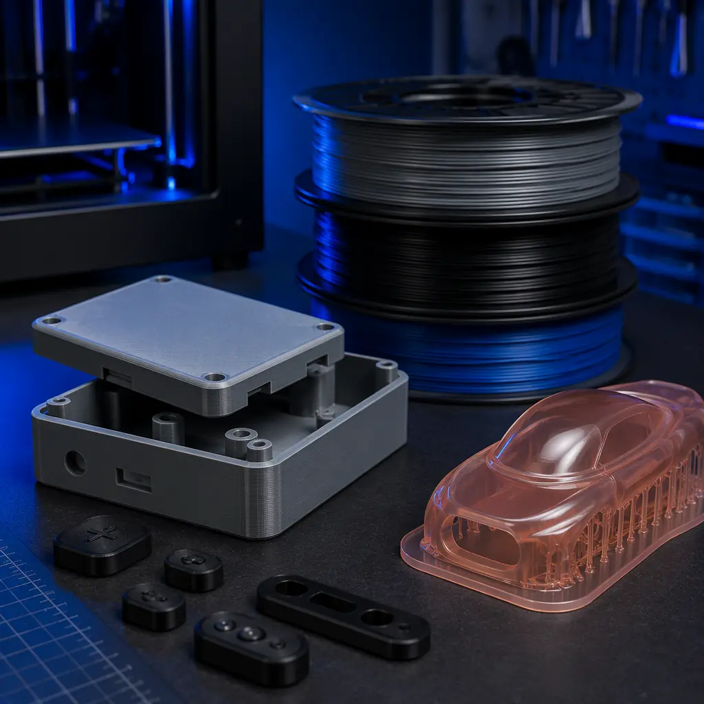 Assortment of 3D printing filament spools and printed electronic enclosures on dark workbench — PETG enclosure with snap-fit lid, TPU button covers, resin-printed cosmetic model with glossy finish, engineering prototyping environment with blue accent lighting