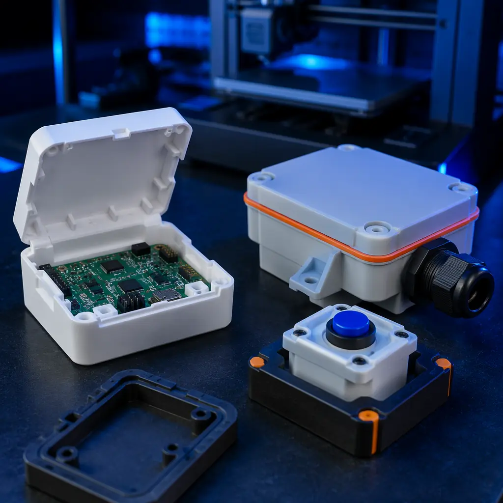 3D printed consumer electronics prototypes arranged on engineering workbench — smartwatch enclosure, earbud charging case, IoT sensor housing, PCB mounting bracket — with digital calipers and design sketches nearby, professional product development studio aesthetic