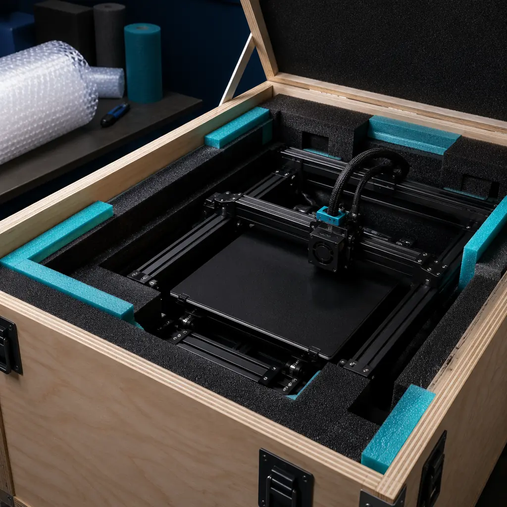 Plywood crate being assembled around a 3D printer with custom-cut foam inserts, protective corner brackets visible, warehouse workbench setting with packing tools