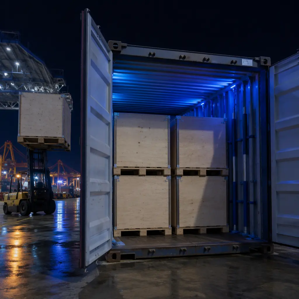 Palletized 3D printer crates loaded into shipping container with desiccant poles visible, forklift in background, port warehouse setting with container doors open
