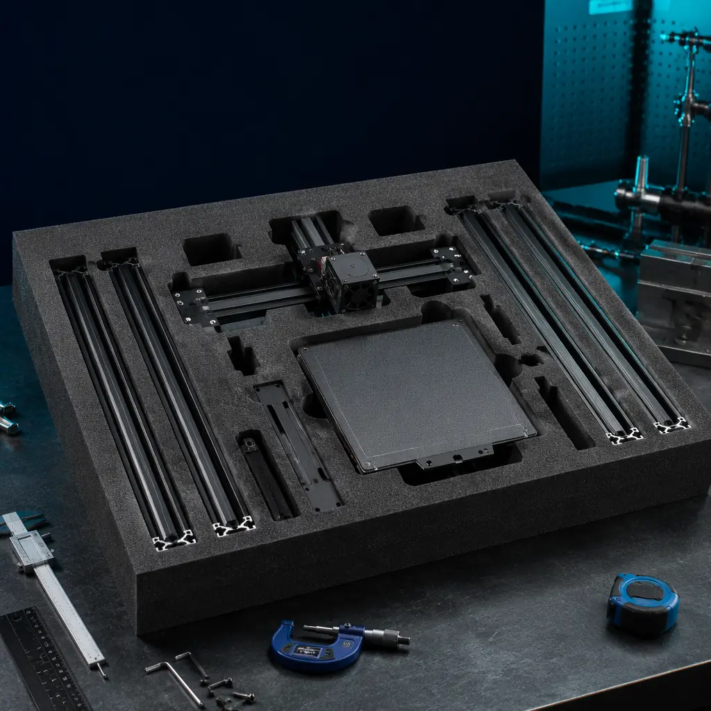 Precision-cut closed-cell foam insert with cavities matching 3D printer frame, gantry, and bed assembly, showing protective cushioning for each component during transit