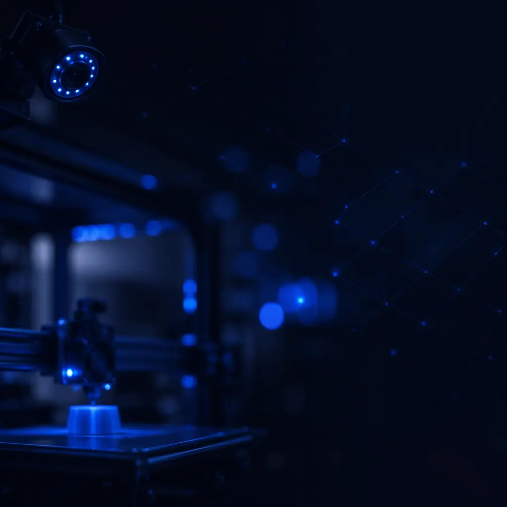 Professional 3D printer showroom display with enclosed printers on illuminated pedestals, each printer equipped with visible camera monitoring system, wall-mounted large monitor showing AI detection dashboard with live printer feeds, branded accessory display with camera kits and monitoring bundles in retail packaging, deep navy industrial aesthetic with electric blue accent lighting on displays and printer LEDs