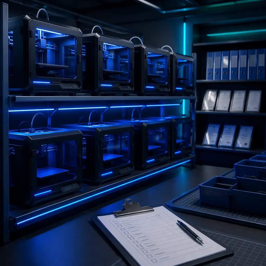 Professional 3D printer factory inspection station with completed printers on burn-in test rack, quality certificate folders on shelf, inspection checklist on clipboard, branded Precise3D quality assurance signage in corporate navy and electric blue