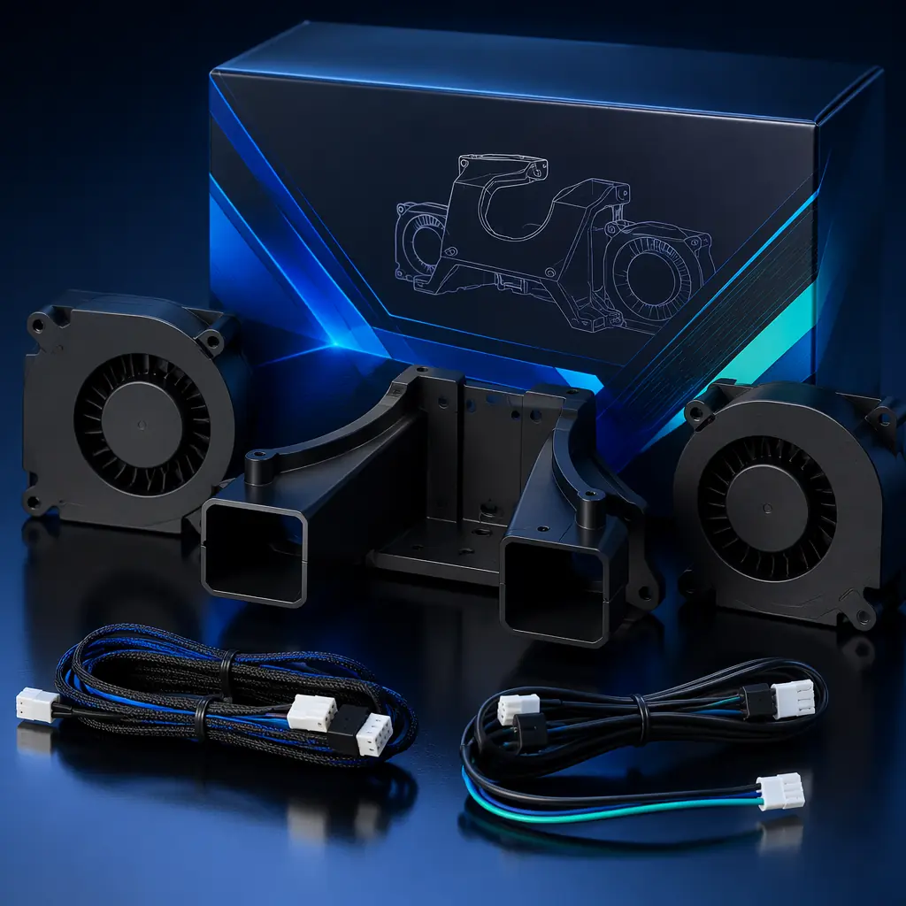 Premium 3D printer cooling upgrade kit displayed on dark navy surface: dual 5015 blower fans, injection-molded symmetrical duct, wiring harness with JST connectors, all in branded packaging