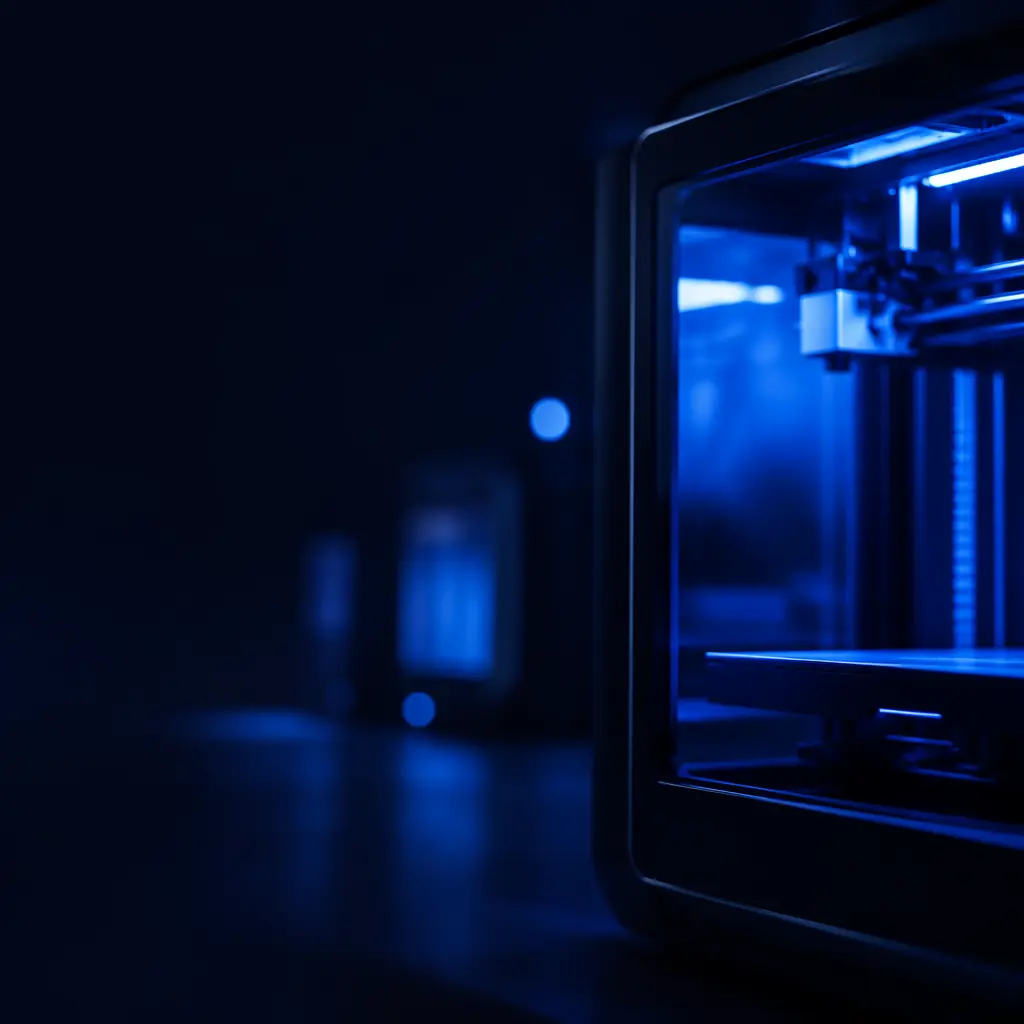 Modern 3D printer in operation printing a complex mechanical part, pristine layer quality visible under focused LED lighting, closed-loop servo motor with encoder wire visible on rear axis, professional engineering workspace setting with deep navy and electric blue brand aesthetic