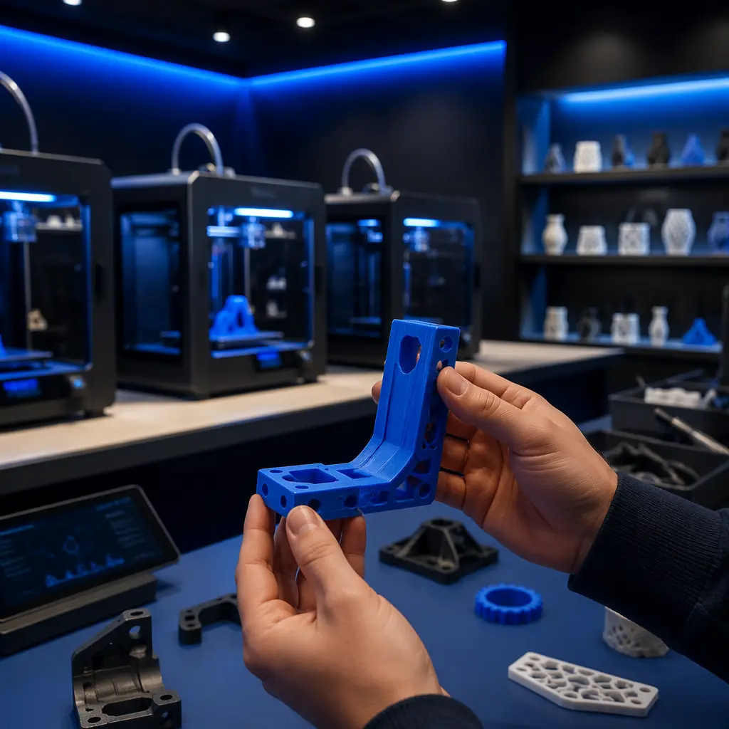 3D printer demo lab customer experience — visitor examining a freshly printed part under LED lighting, modern showroom with multiple running printers in background, dark navy aesthetic with brand accent colors