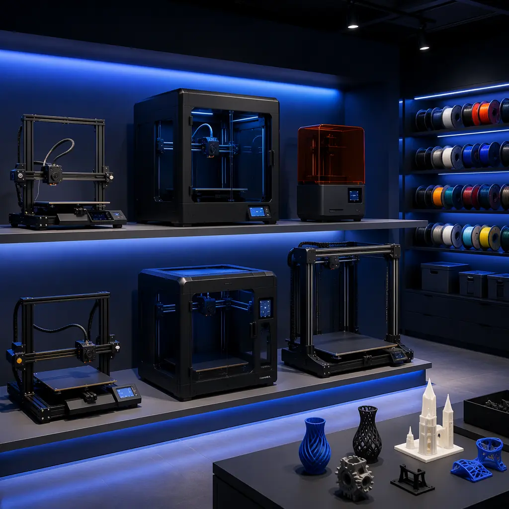 Modern 3D printer showroom interior with rows of printers on illuminated shelving, sample parts displayed on central table under track lighting, dark navy walls with electric blue accent, industrial design aesthetic