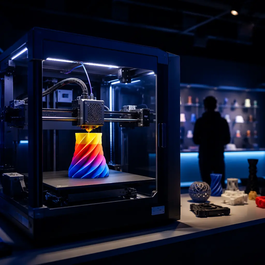 Working 3D printer in demo lab with multi-color filament print in progress on build plate, bright LED chamber lighting, visitor silhouette in background observing, sample parts arranged on nearby display table, modern industrial workspace