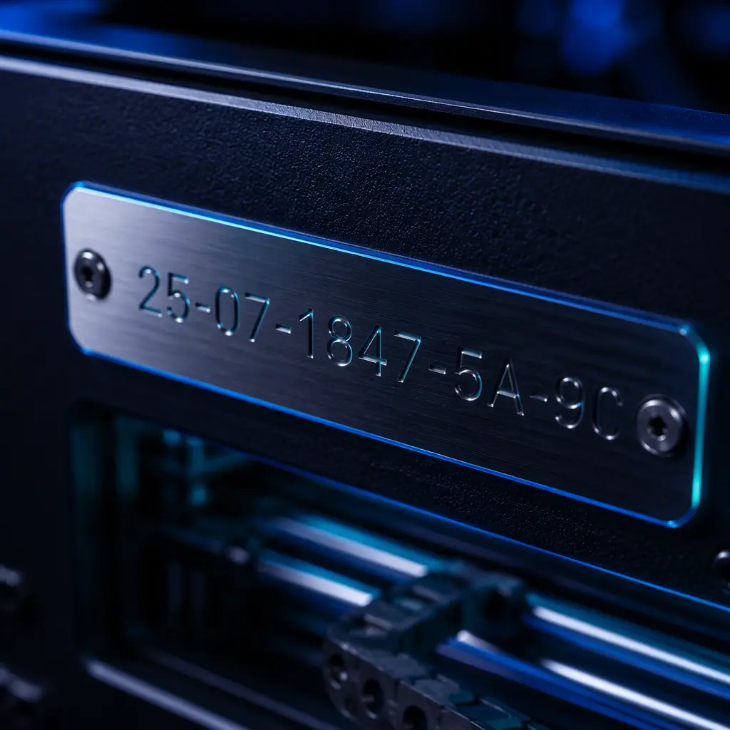Extreme close-up of an engraved serial-number plate on a 3D printer metal chassis, authentication and quality theme