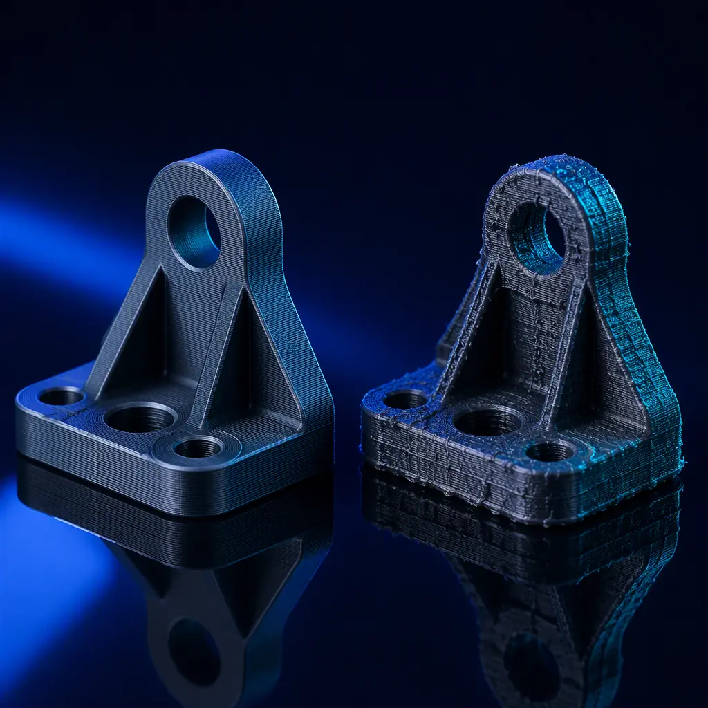 Two 3D printed parts side by side on a dark surface, one crisp with clean layer lines and one rough and poorly finished