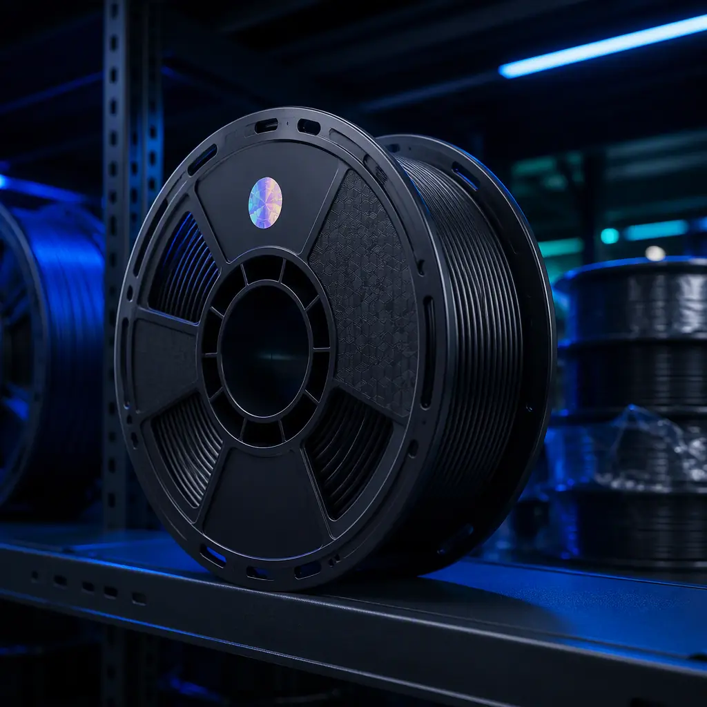 Engineering-grade filament spool on a warehouse shelf with a subtle holographic authenticity mark, industrial lighting