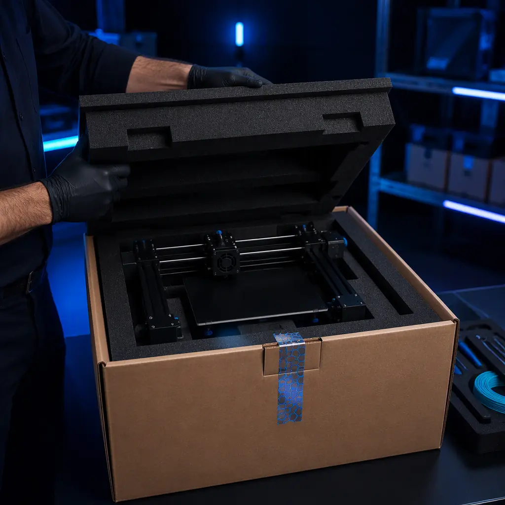 Distributor unboxing a 3D printer with a protective foam insert and a tamper-evident seal on a clean warehouse table
