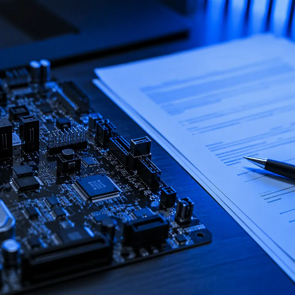 A bank document and a 3D printer motherboard on a desk under blue accent lighting, corporate finance aesthetic