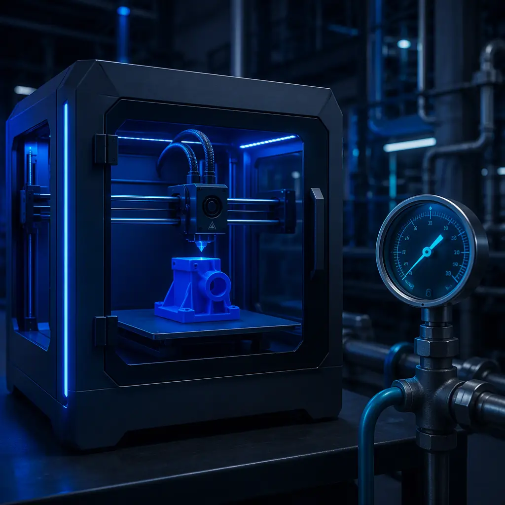 Enclosed 3D printer in an industrial setting printing a chemical-resistant part beside a temperature gauge