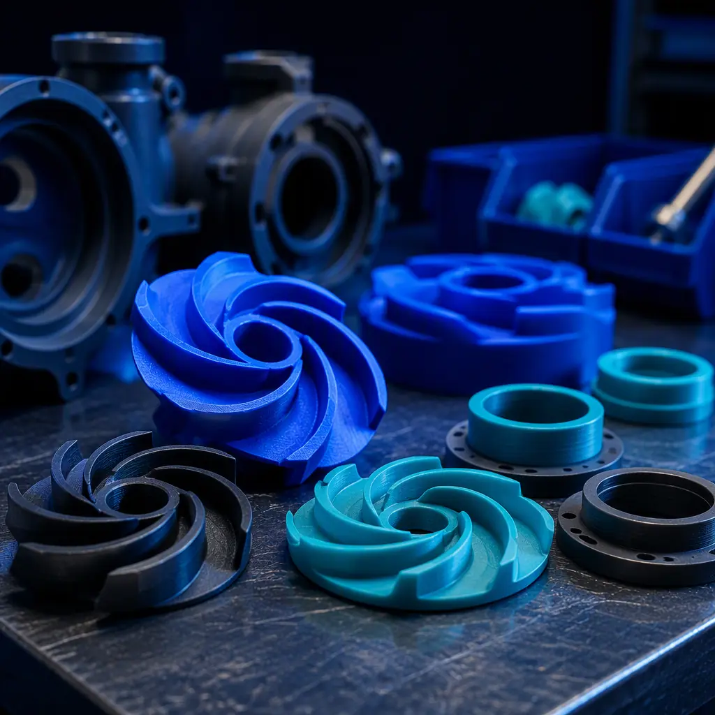 Printed components such as pump impellers and valve seats arranged on a plant workbench
