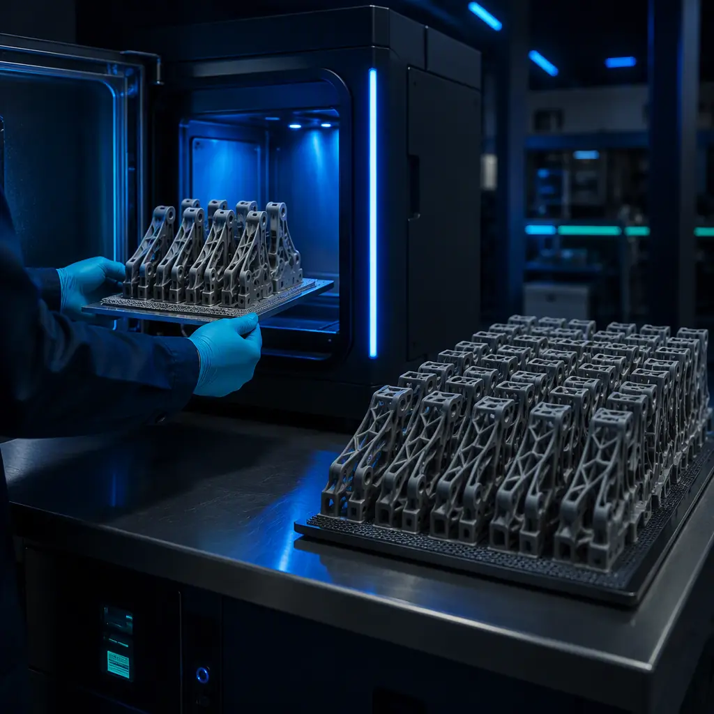 Technician loading a printed batch into a chamber and reviewing an order card beside a completed stack of printed production parts