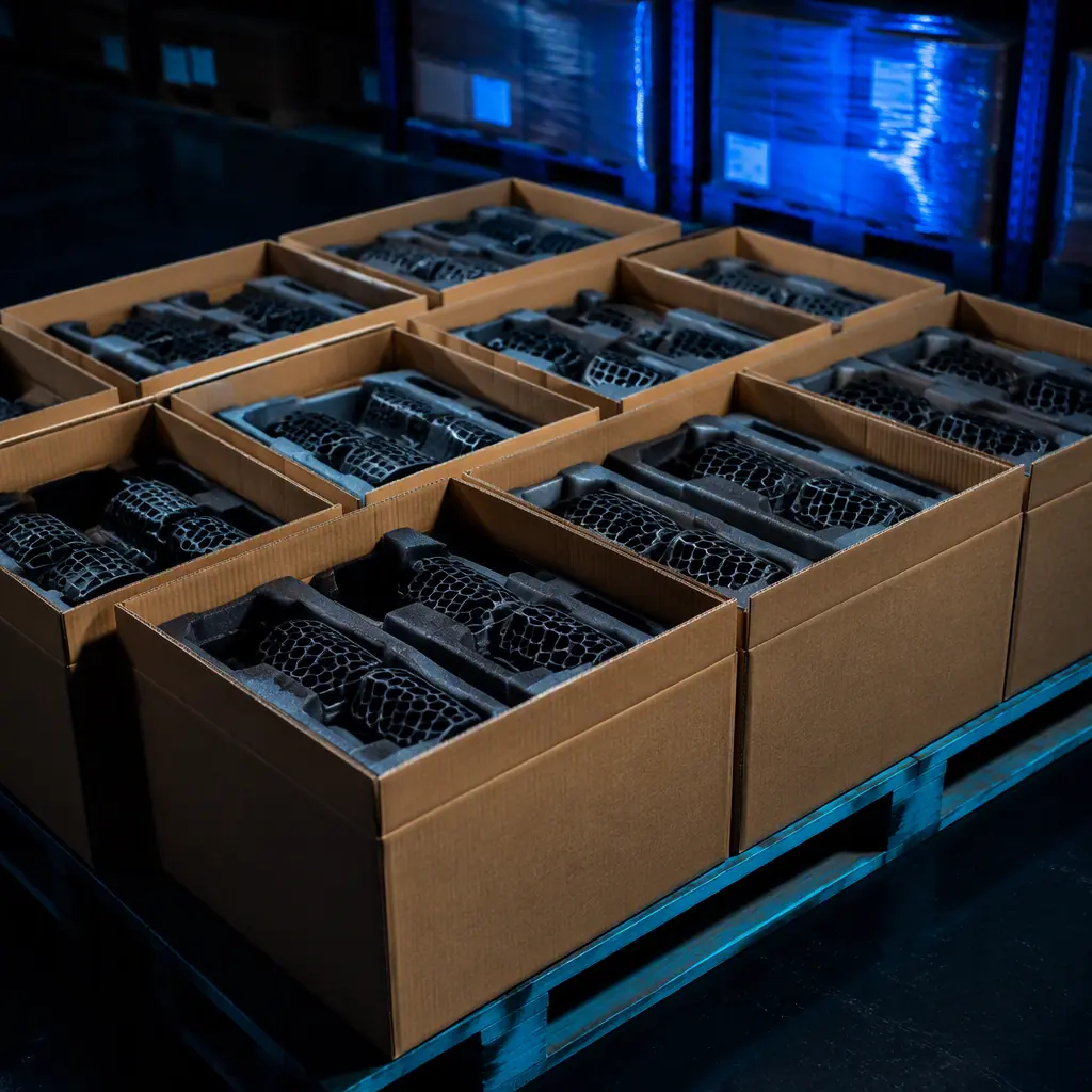 Batch of finished 3D printed production parts in shipping boxes on a warehouse pallet, export-ready packaging theme