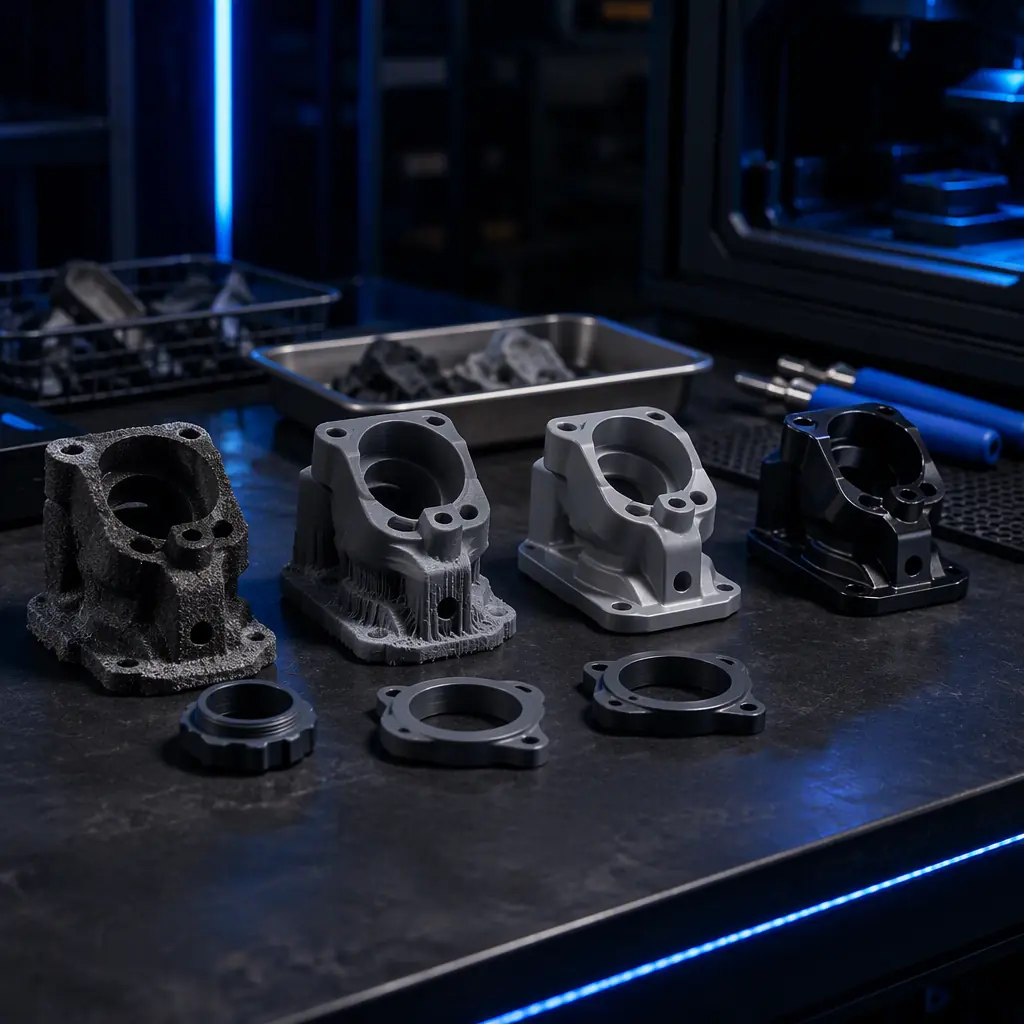 Three-dimensional printed production parts at different stages of post-processing, rough to finished, on a workbench in an industrial setting
