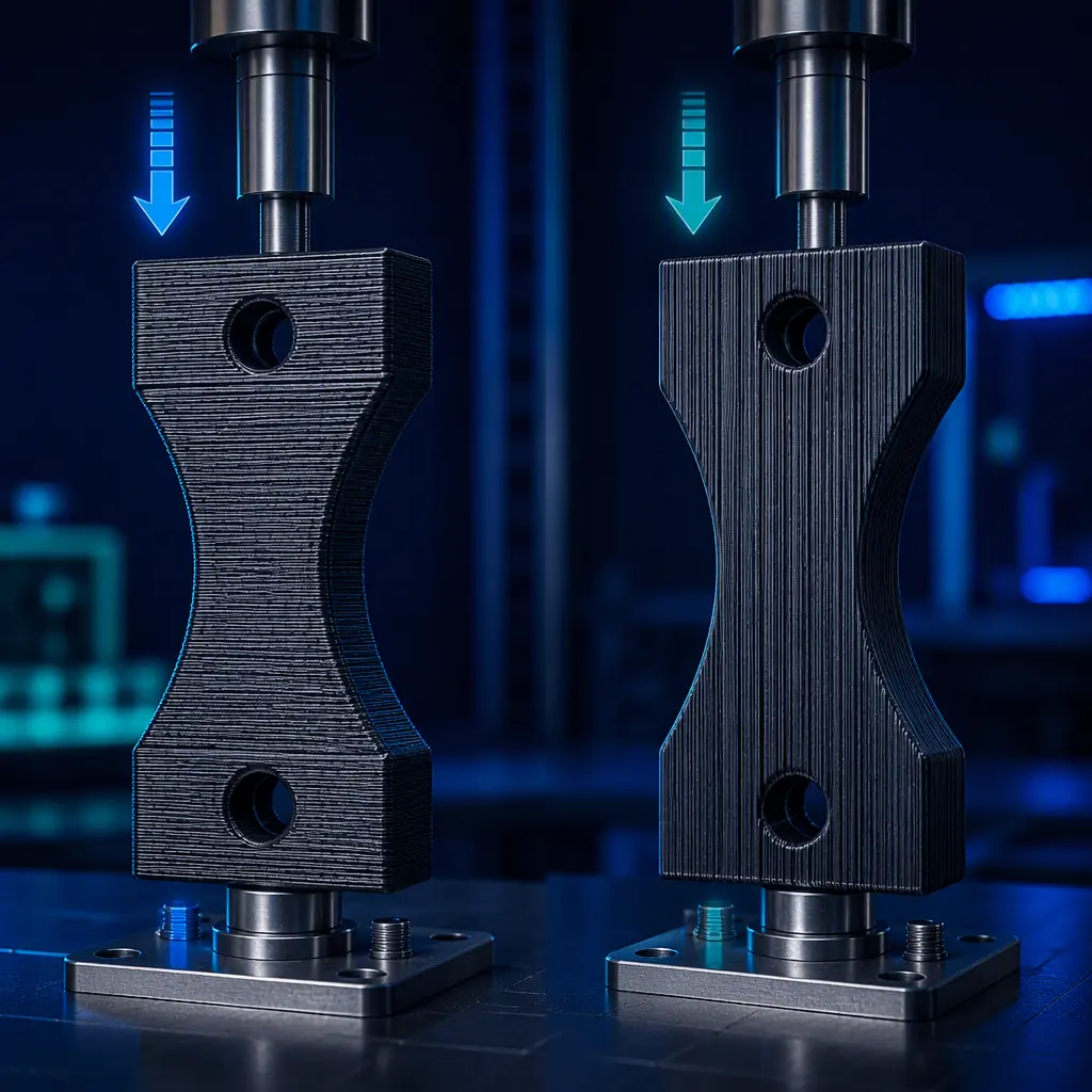 Two printed parts side by side, one with layer lines running across the load direction and one along it