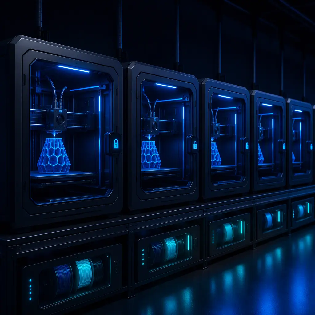 Row of identical enclosed 3D printers running an automated print farm with lock symbols on their doors