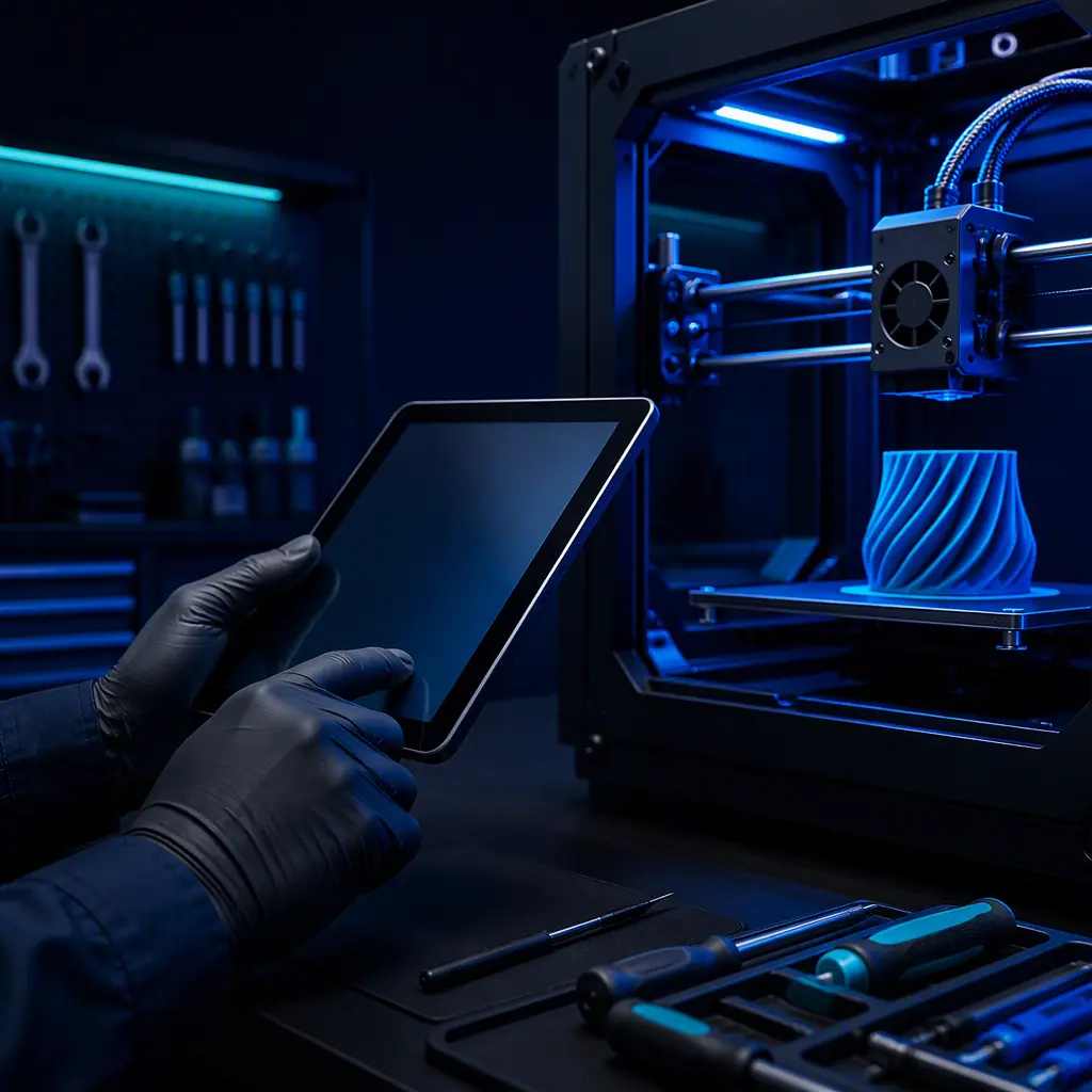 A service technician reviewing a fleet status on a tablet beside a 3D printer, hands only