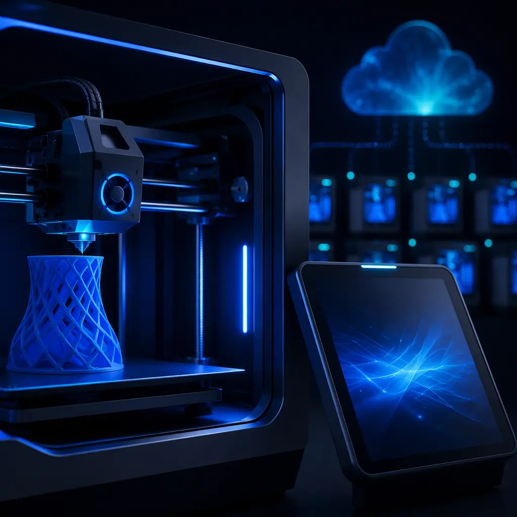 Close-up of a 3D printer with a usage meter and cloud-connected monitoring interface