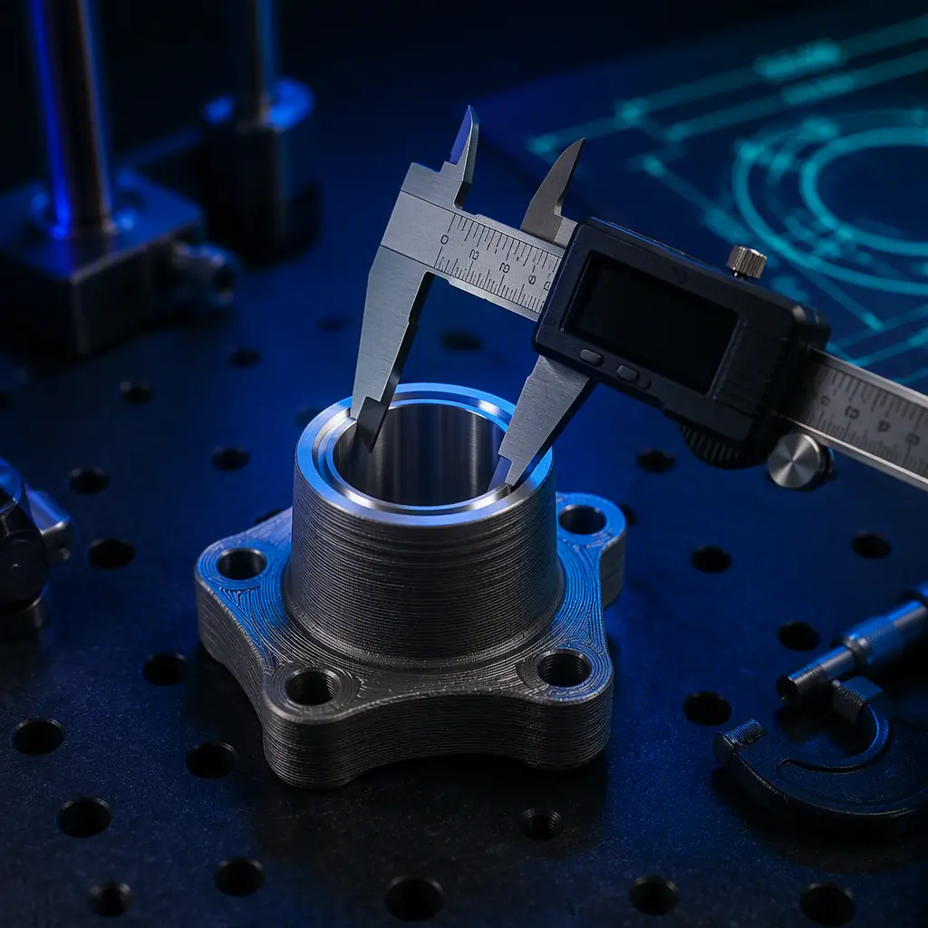 Printed parts being measured with a digital caliper on a metrology bench, metal-plated part showing a machined finish dimension
