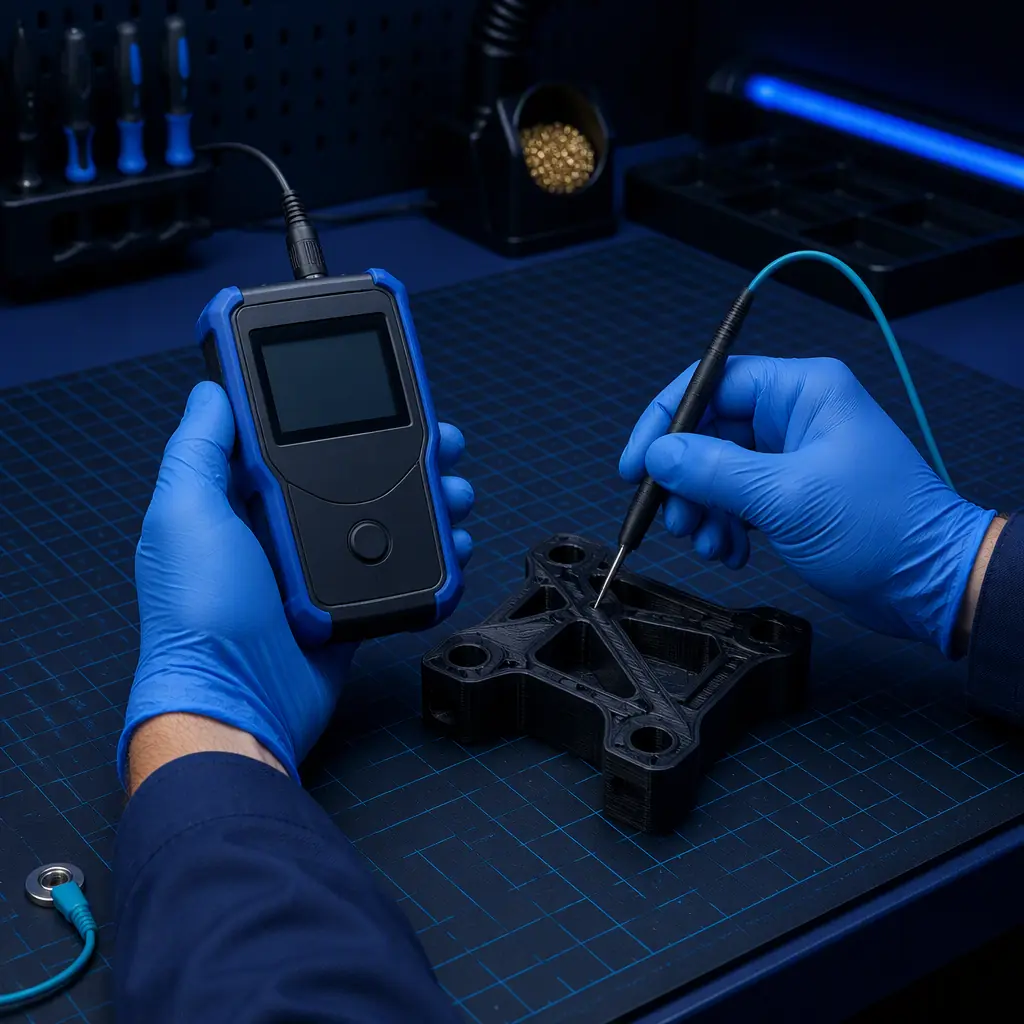 Technician using a surface-resistance meter to measure a 3D printed anti-static part on an ESD workbench with grounded mat
