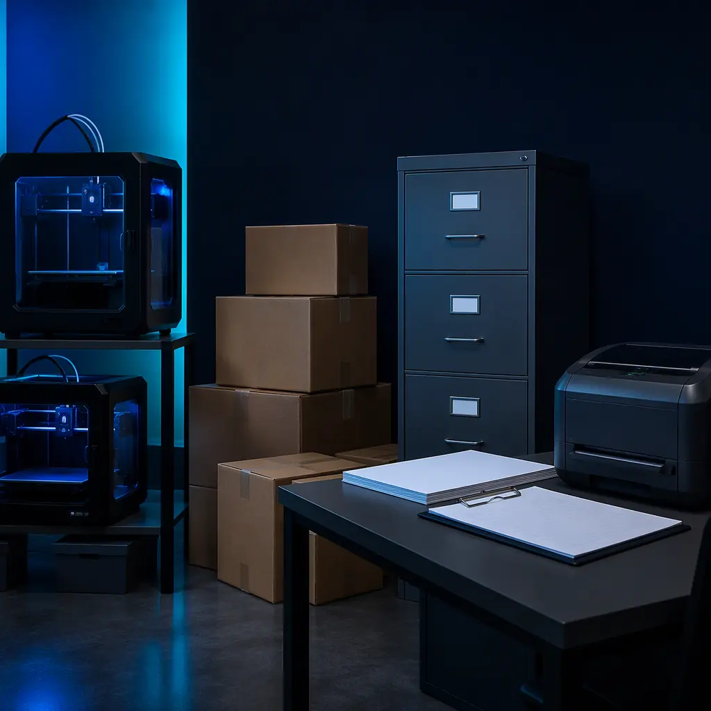 Filing cabinet and desk with shipping documents and a clipboard beside freight boxes