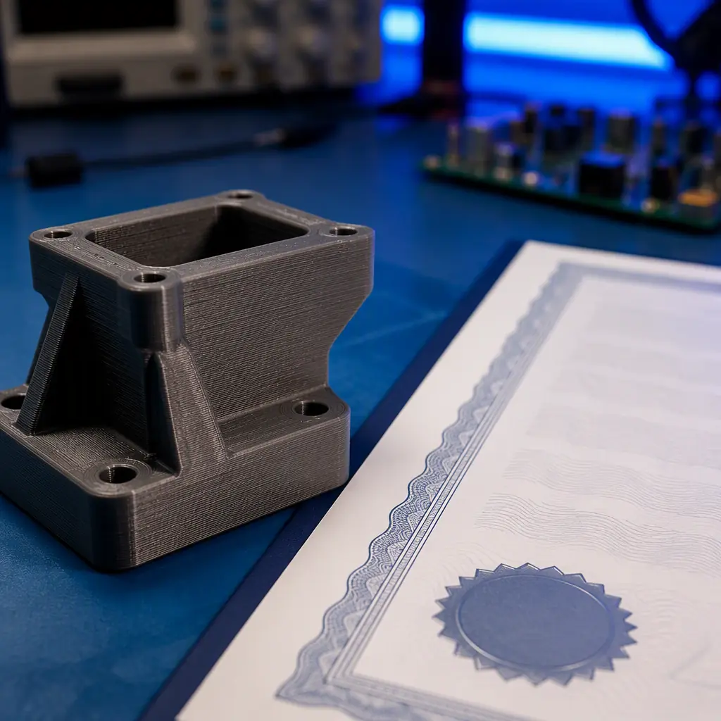 A close-up of a fire-rated 3D printed part beside a certification document on a workbench, blue industrial lighting