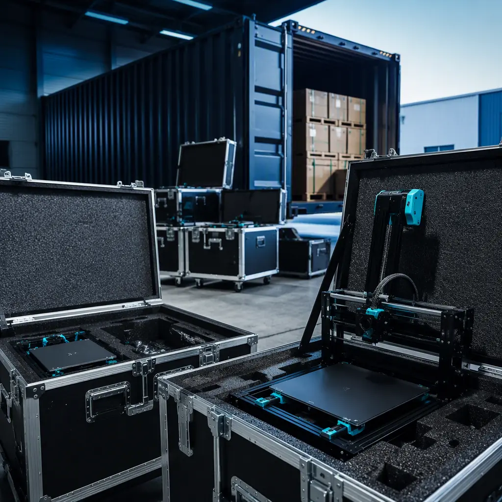 3D printers packed in industrial crates on a shipping warehouse dock, with a freight container in the background