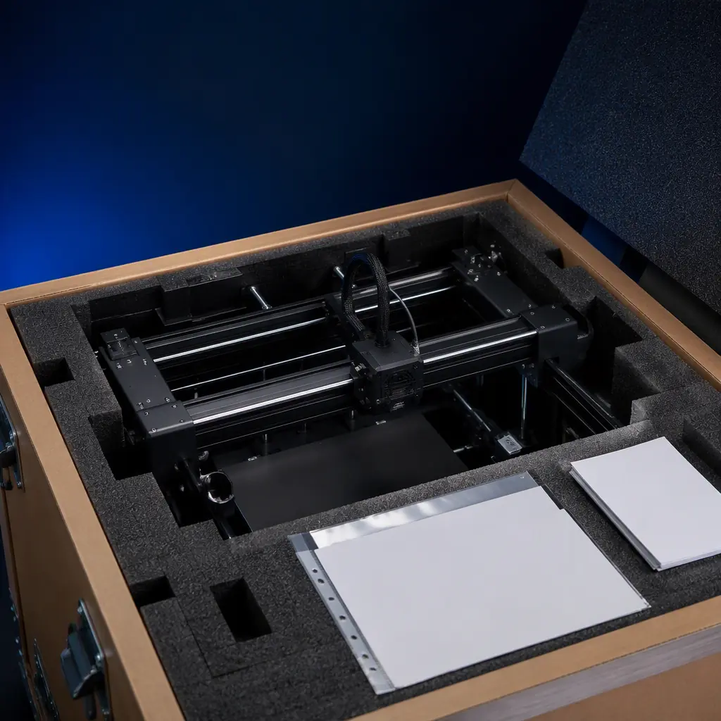 Close-up of a 3D printer emerging from a foam-lined export crate with a packing list and commercial invoice on top