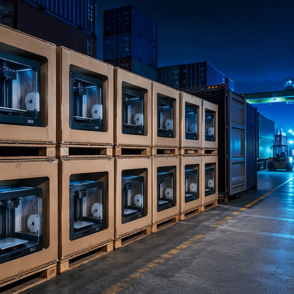 Rows of boxed 3D printers staged at a container loading yard, showing the origin side of an international shipment