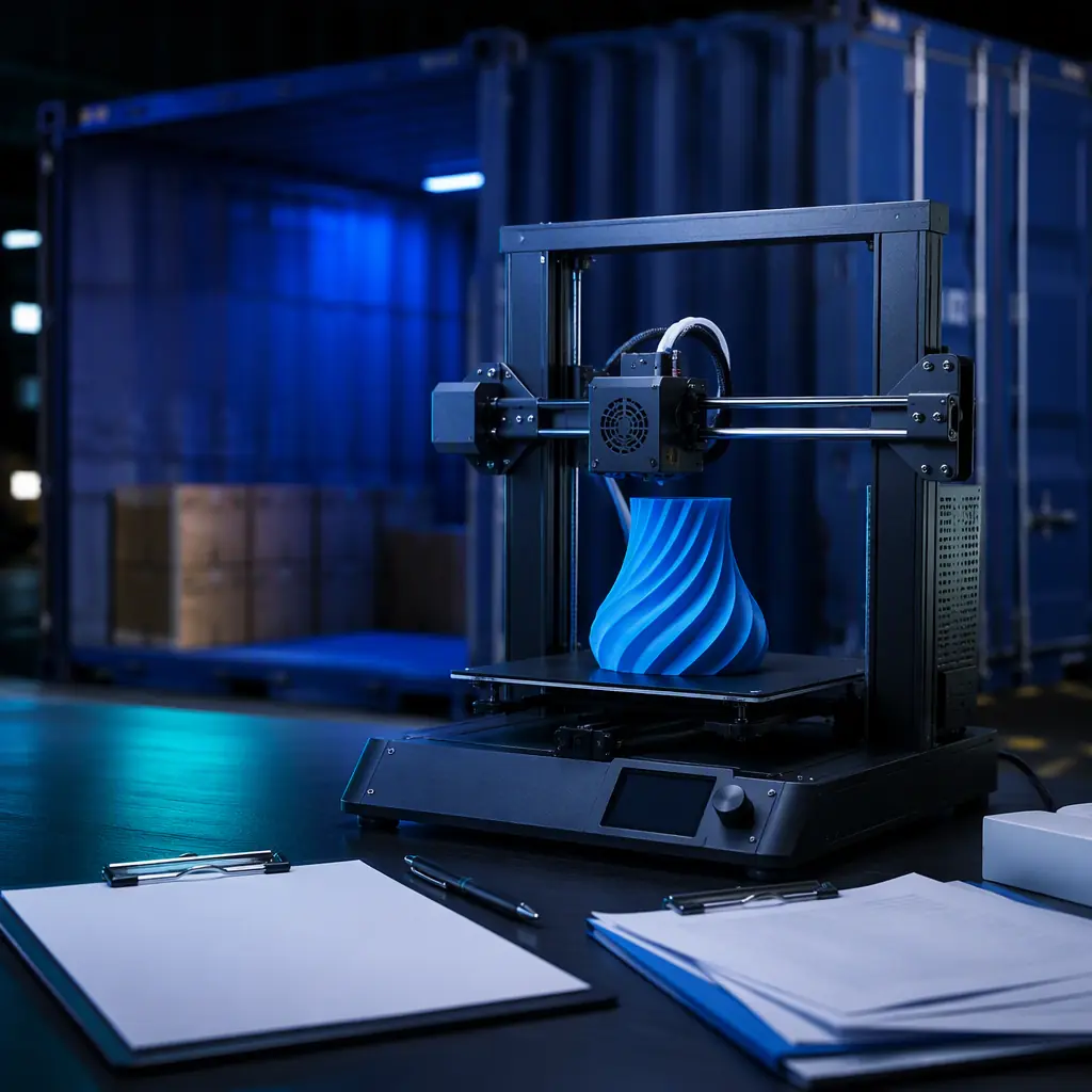 A logistics coordinator reviewing a shipping checklist beside a freight container holding 3D printers