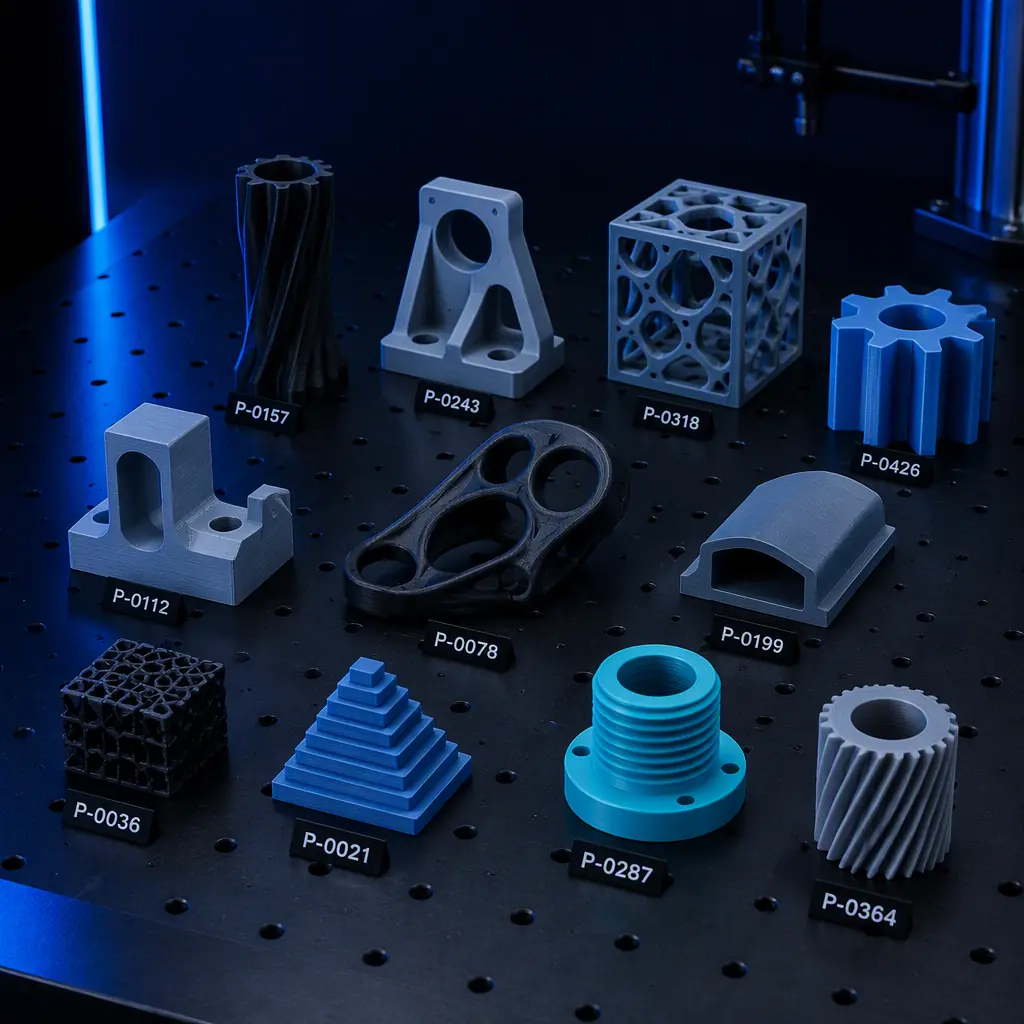 Array of 3D printed reference parts with identified provenance codes arranged on a dark metrology bench