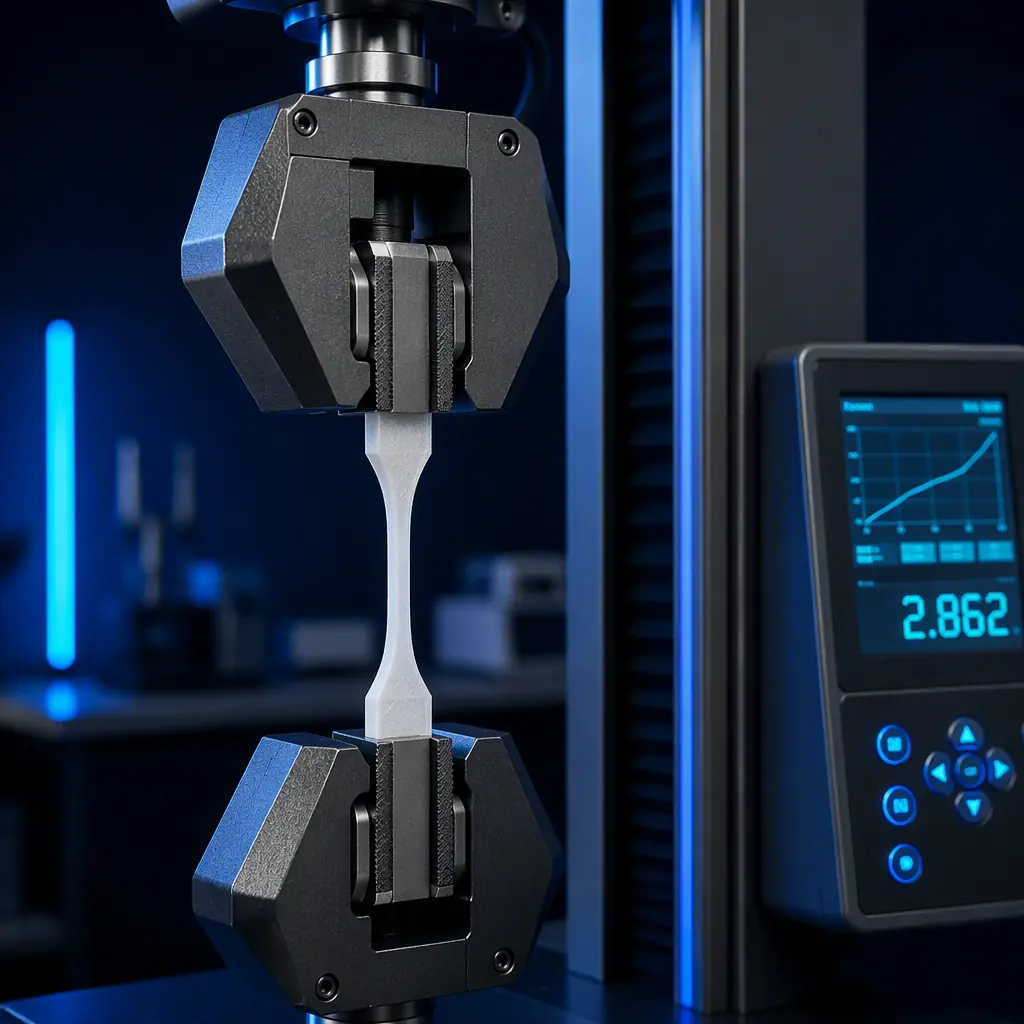 Universal tensile testing machine gripping a printed tensile specimen, digital force readout on the controller