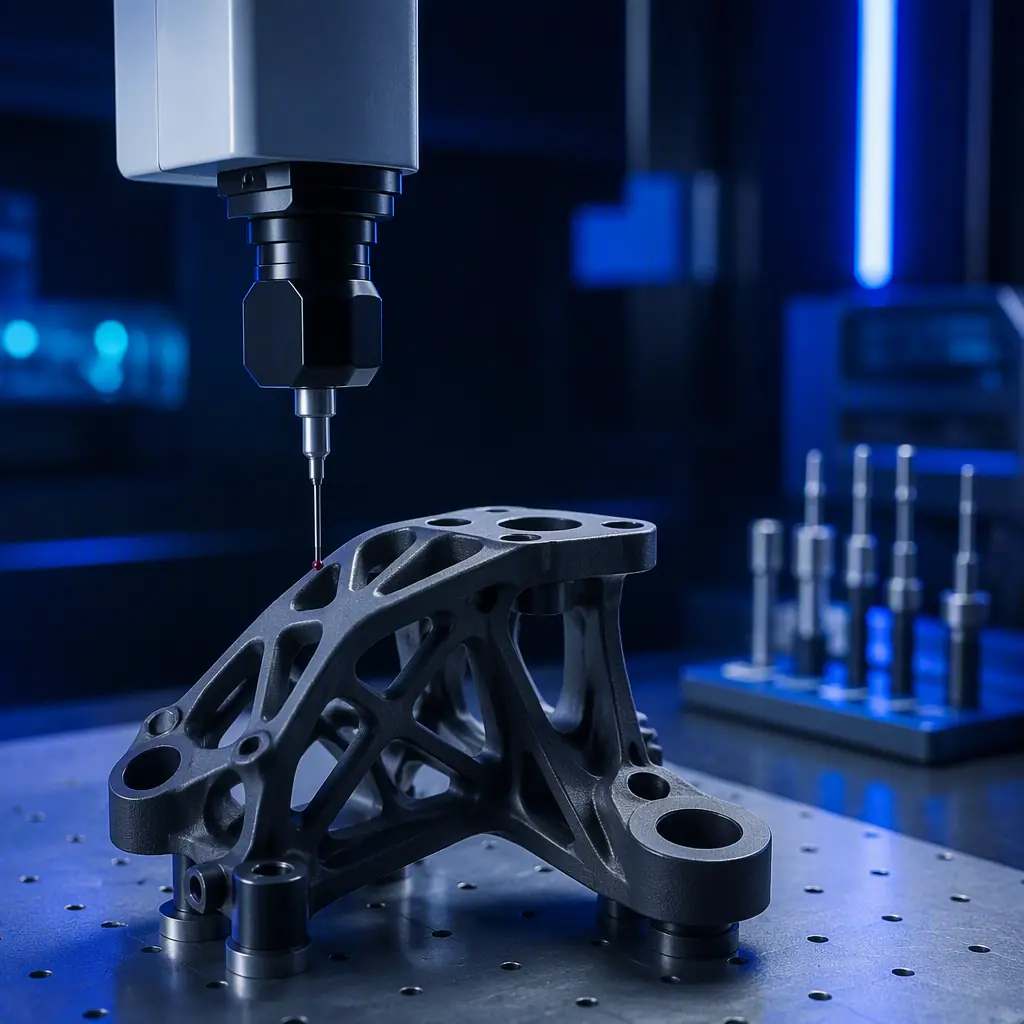 Coordinate measuring machine touch probe measuring a printed part in a temperature-controlled metrology lab, precision inspection theme