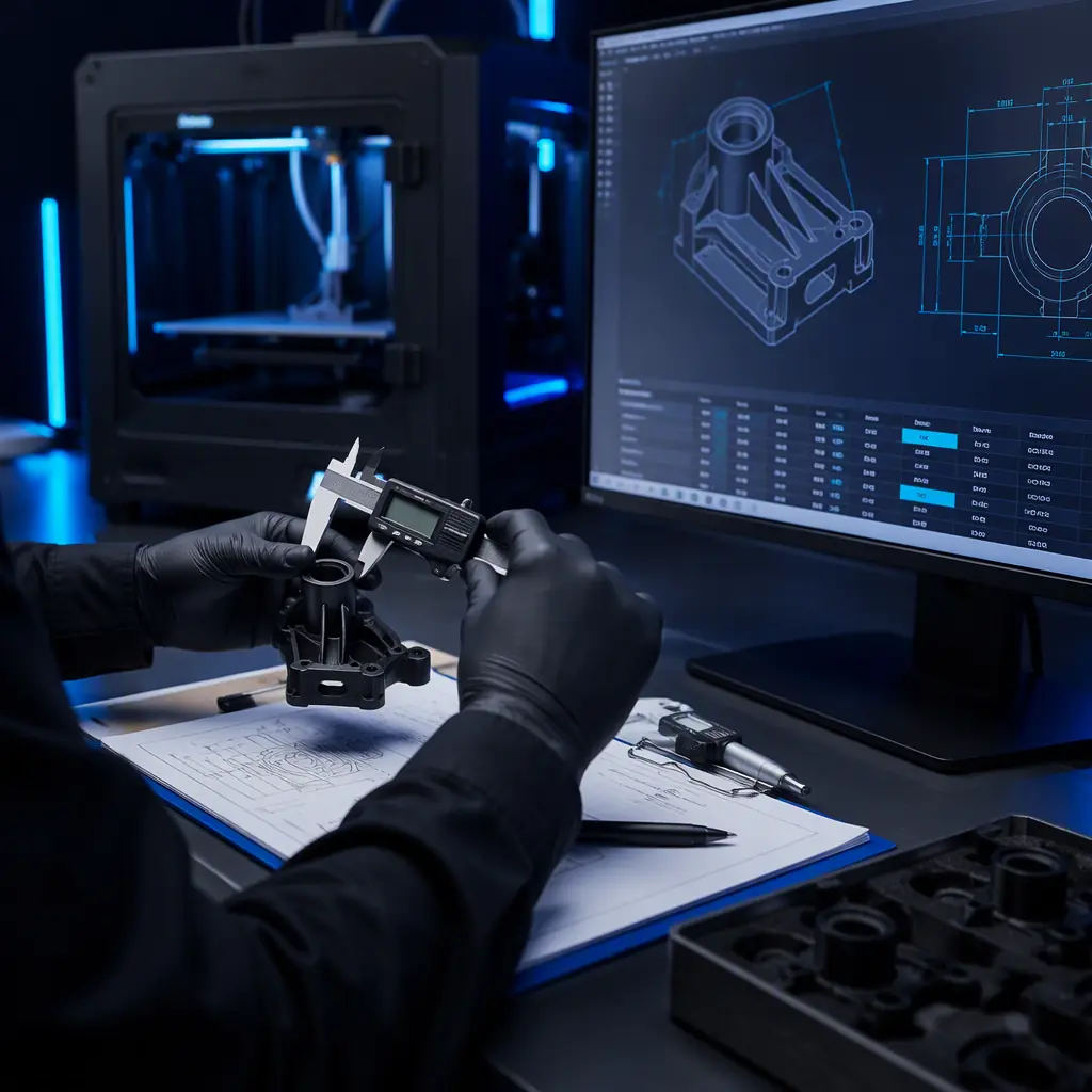 Technician recording first-article inspection measurements of a printed part against a CAD drawing on a monitor, no face visible, quality documentation theme