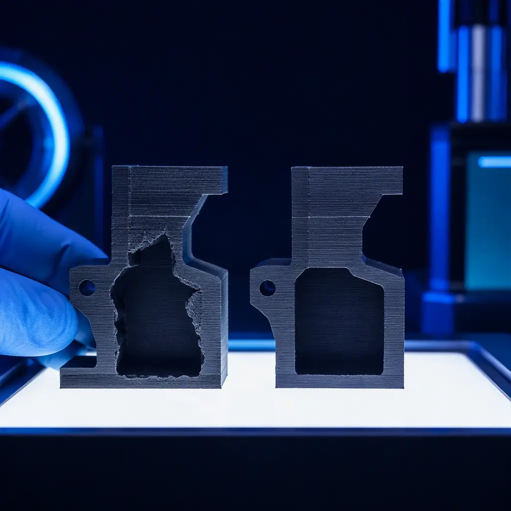 Printed part cross-section showing an internal void compared with a sound sample on a light table, defect highlighted by the scanner