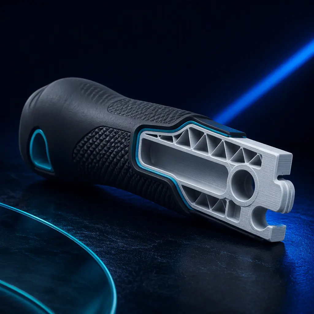 Finished overmolded part with a sculpted soft grip and a rigid printed core shown as a cross section on a dark surface, material transition visible