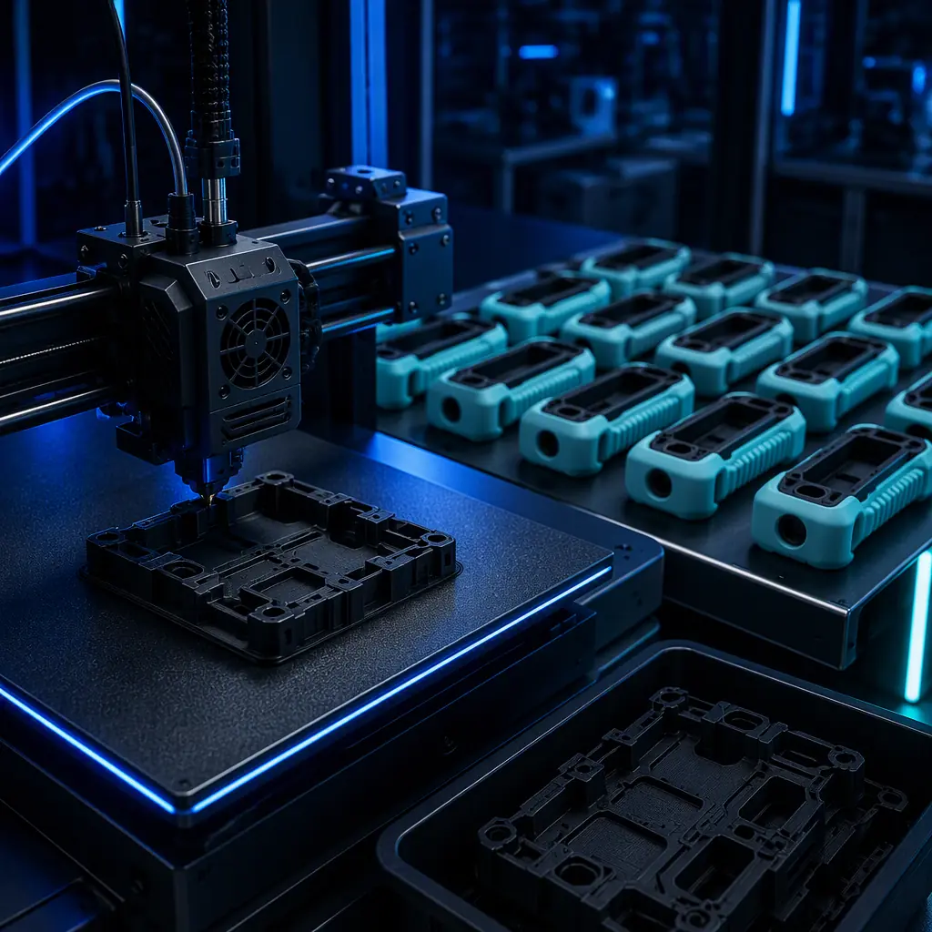 3D printer printing a rigid black insert in the foreground with a batch of finished hybrid overmolded parts arranged behind it, production workflow