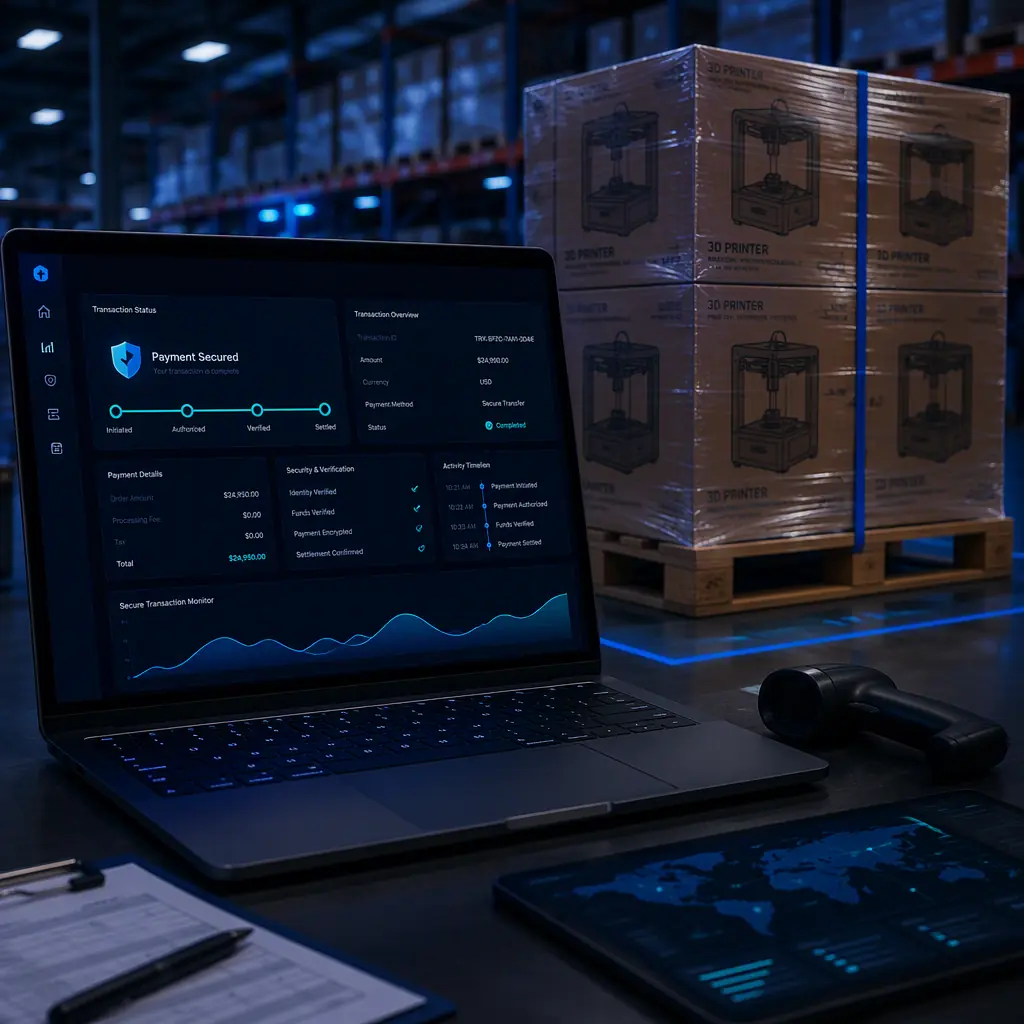Secure warehouse workstation with a laptop showing a locked bank-transfer dashboard, pallet of export boxes in the background
