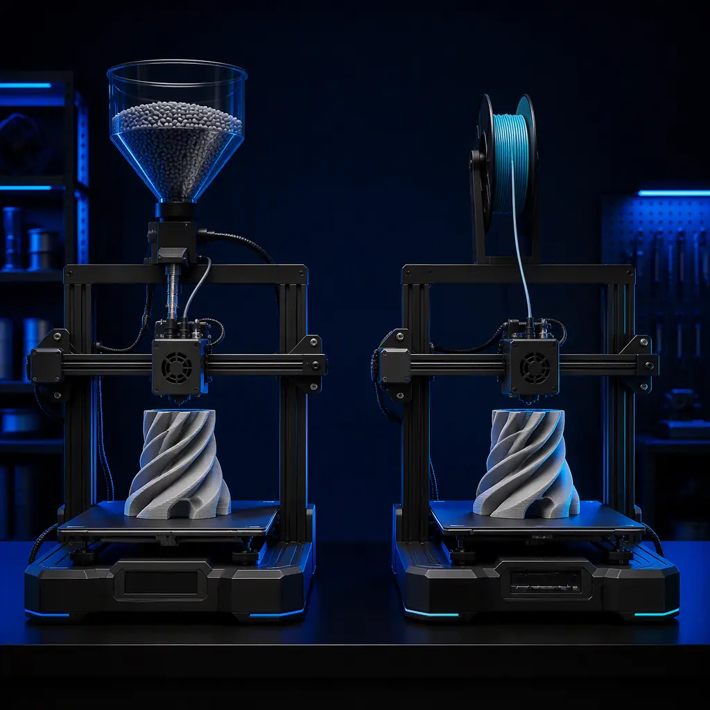 Two 3D printers side by side, one fed from a pellet hopper and one from a filament spool